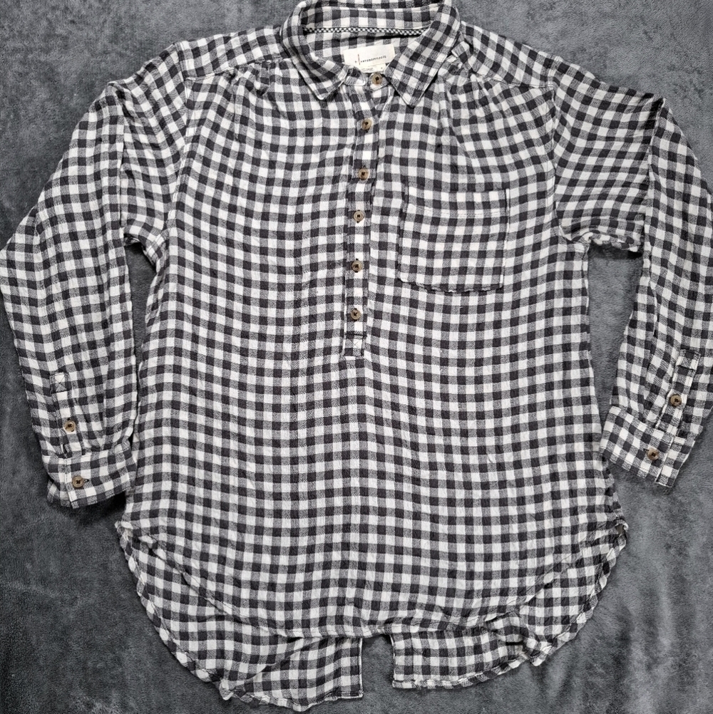 Anthropologie Isadora Button Back Tunic Gray Checkered Womens Size S Boho Chic - Picture 2 of 14